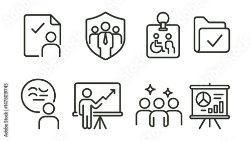 Line style icons of workplace inclusion: inclusive hiring icon, diversity in leadership badge, interview accessibility tag, inclusive policy file, pronoun in profile bubble, anti-bias training board,