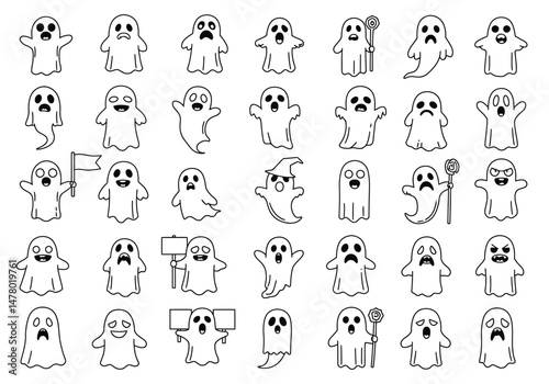 Delightful and Spooky Ghosts A Collection of Cartoon Illustrations Featuring Adorable Spirits in Various Poses and Expressions Perfect for Halloween Decorations or Playful Design Projects