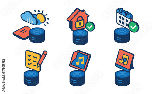 Isometric flat vector set of illustrations of voice assistant functions: weather update, smart home command, calendar reminder, shopping list, music request, news headline, alarm set, voice profile.