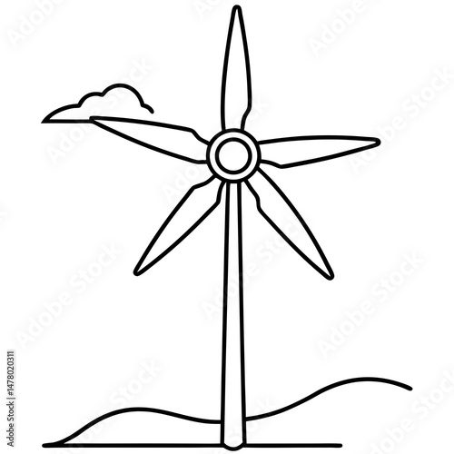 Wind turbine with cloud outline illustration, vector style, symbolizing renewable energy and eco-friendliness