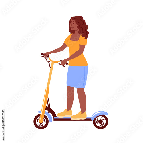 A confident black woman wearing a bright orange top and a stylish blue skirt rides a yellow scooter. Her joyful expression reflects the spirit of freedom and adventure as she enjoys her ride.