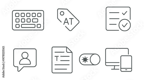 Line style icons of digital accessibility: keyboard navigation icon, alt text tag, skip navigation link, accessible form field, icon label badge, tab order file, contrast mode switch, device