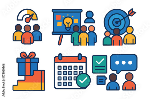 Isometric flat vector set of illustrations of crowd-sourced projects: shared funding meter, group idea board, project goal badge, contributor list, reward tier icon, deadline calendar, transparency