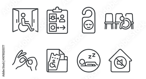 Line style icons of event accessibility: accessible event entrance, visual schedule board, sensory-friendly room tag, inclusive seating layout, sign language interpreter icon, accessible ticketing