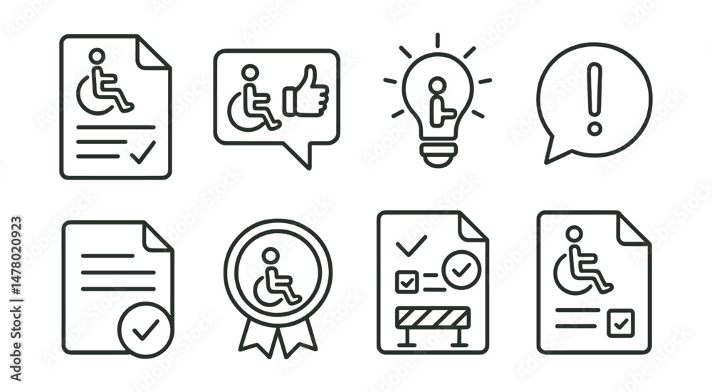 Line style icons of accessibility feedback and reporting: accessibility issue report form, feedback with access focus, improvement suggestion icon, real-time complaint bubble, access audit log, Line style icons of accessibility feedback and reporting: accessibility issue report form, feedback with access focus, improvement suggestion icon, real-time complaint bubble, access audit log,