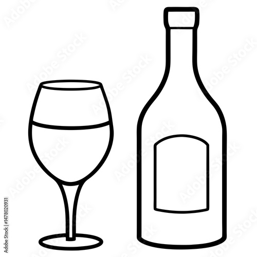 Wine bottle and glass outline drawing, vector style, perfect for restaurant and bar design