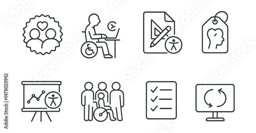Line style icons of design process with accessibility: co-design with user badge, test with assistive tech icon, inclusive design toolkit file, empathy in UX tag, accessible design review chart,