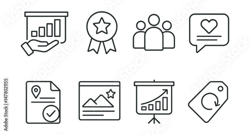 Line style icons of impact measurement: donation outcome chart, social impact badge, number of people helped icon, community feedback bubble, progress milestone file, success story board, year-end