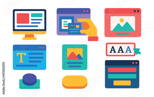 Isometric flat vector set of illustrations of digital portfolio builder: layout preview, drag-and-drop module, image uploader, text block editor, project tile, font picker, publish button, feedback