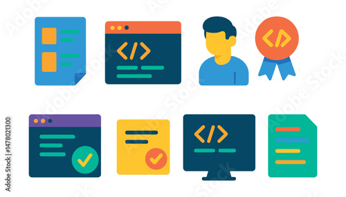 Isometric flat vector set of illustrations of coding bootcamp tools: course outline, live coding window, mentor icon, challenge badge, syntax checker, peer review note, dark mode screen, cheat sheet.