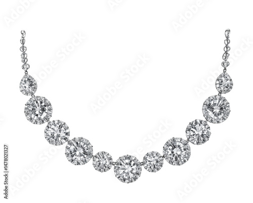 A sparkling diamond necklace with multiple round and teardrop-shaped diamonds isolated on a transparent background