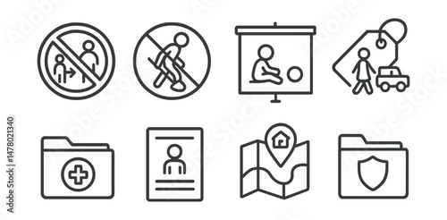 Line style icons of protection from exploitation: no trafficking symbol, child work ban badge, protect playtime chart, street safety tag, rescue + recovery file, awareness flyer icon, safe return map