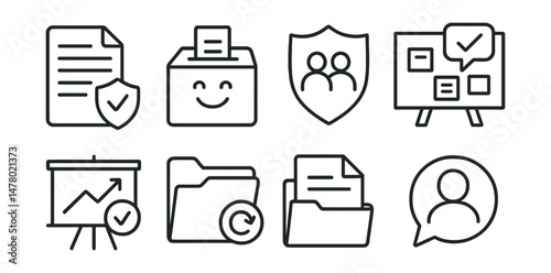 Line style icons of safe reporting and accountability: report with trust icon, child-friendly complaint box, response team badge, trusted listener board, outcome update chart, follow-up promise file,