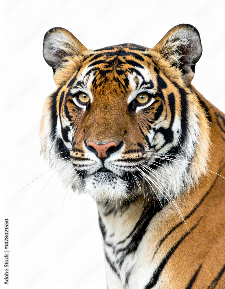 Fototapeta premium Majestic tiger staring with intense gaze on white background