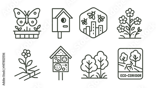 Line style icons of biodiversity in the city: butterfly on balcony icon, bird box on wall badge, city bees patch tag, flowering bush file, wildflower in sidewalk crack, bug hotel on post, native