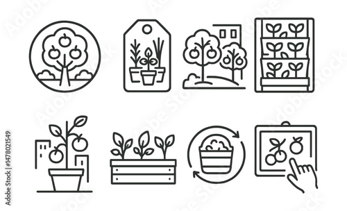 Line style icons of urban food greening: fruit tree in park badge, public herb garden tag, urban orchard file, edible green wall board, rooftop tomato pot, raised bed icon, city compost loop symbol,