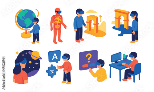 Isometric flat vector set of illustrations of VR learning tools: virtual globe, 3D anatomy model, immersive history tour, coding puzzle, space simulation, language lab, quiz pop-up, learning