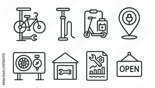 Line style icons of repair and service hubs: public bike repair station icon, air pump zone tag, scooter battery swap file, charging point map badge, tire check station board, green service garage