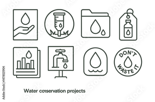 Line style icons of water conservation projects: save water poster icon, student-built rain gauge badge, leak check file, refill bottle zone tag, water use tracker chart, clean tap campaign board,