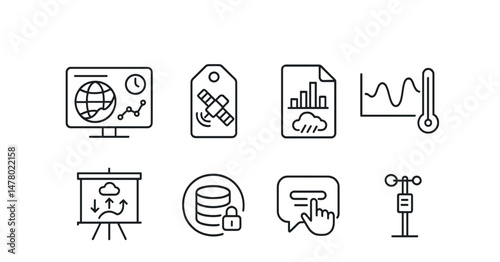 Line style icons of environmental data and tools: real-time climate dashboard icon, satellite image tag, emissions graph file, temperature anomaly chart, climate science model board, open data portal