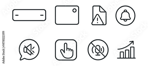 Line style icons of non-invasive UI design: minimal banner icon, quiet pop-up badge, animation-free alert file, icon-only notification tag, sound off bubble, subtle nudge board, no vibration setting,