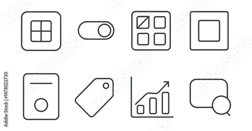 Line style icons of minimal and mindful design: clear layout badge, essential only toggle, no clutter board, whitespace with purpose icon, one action per screen file, visual simplicity tag, quiet