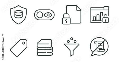 Line style icons of respect for data and privacy: minimal data badge, anonymous mode toggle, secure by design file, encryption standard chart, privacy dashboard board, what we store tag, data