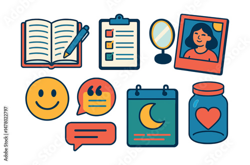 Isometric flat vector set of illustrations of daily gratitude practice: morning journal, gratitude prompts, daily reflection icon, happy moment photo, smiley badge, evening recap, appreciation quote,