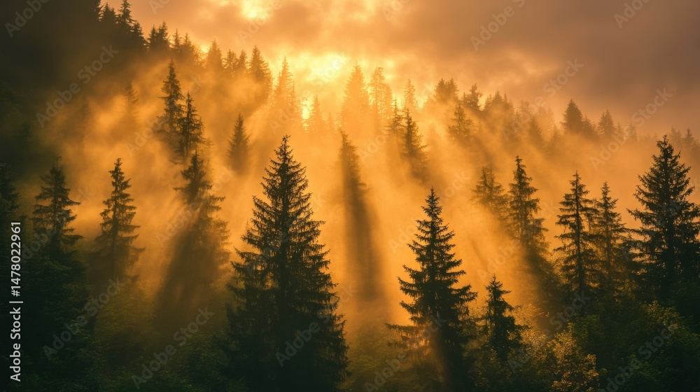 Obraz premium Golden sunlight streams through misty forest.