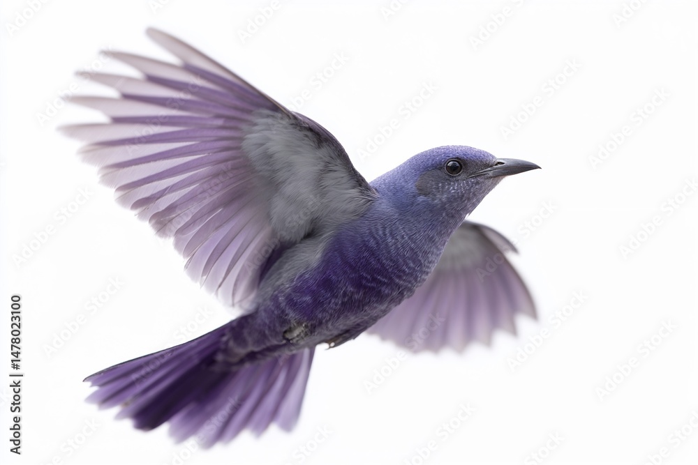 Obraz premium Purple bird flying with wings spread on white background