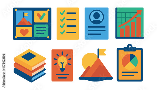 Isometric flat vector set of illustrations of personal growth journey: vision board, values list, self-reflection page, growth chart, journal stack, inspiration card, goal milestone, life audit.