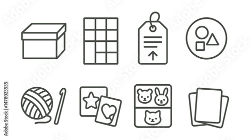 Line style icons of beginner-friendly kits: starter box icon, color-coded pattern file, step-by-step booklet tag, ready-made shapes badge, yarn ball + hook board, stick-and-peel set, mini felt