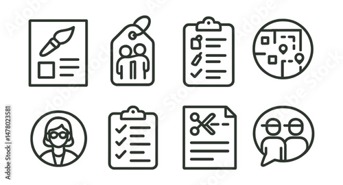 Line style icons of organizing a craft event: workshop flyer file, invite a friend tag, material list chart, craft station map badge, teacher intro icon, setup checklist board, sample corner file,