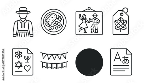 Line style icons of cultural celebration themes: traditional costume icon, local dish badge, folk dance board, craft demo tag, cultural symbols file, celebration banner chart, storytelling circle