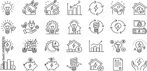 Energy Efficiency Line Editable Icons set. Vector illustration in modern thin line style of ecology related icons: energy saving light bulb, sustainability, electricity, and more