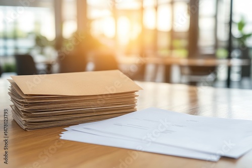 Stack of envelopes and paper on a wooden table in natural light for office work