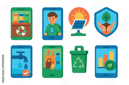 Isometric flat vector set of illustrations of eco-themed mobile games: recycling level, climate hero avatar, solar upgrade icon, tree planting badge, water-saving quest, zero-waste challenge, eco