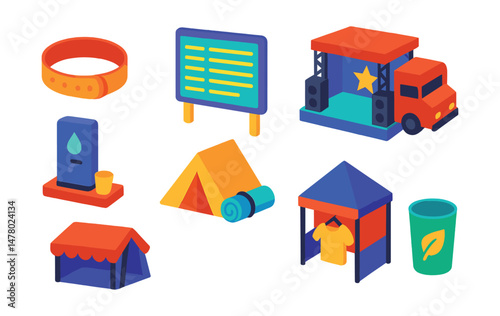Isometric flat vector set of illustrations of music festival essentials: entrance wristband, lineup schedule, sound stage, food truck zone, hydration station, camping gear, merch tent, eco cup.
