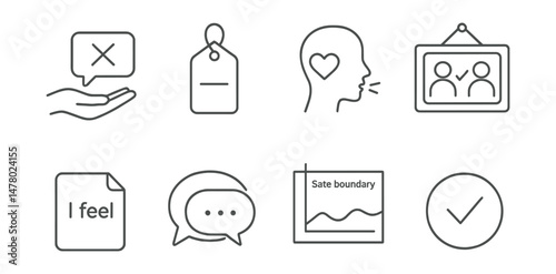 Line style icons of assertiveness and boundaries: say no with care icon, personal limit tag, speak your needs badge, mutual respect board, “I feel” sentence file, ask for space bubble, safe boundary