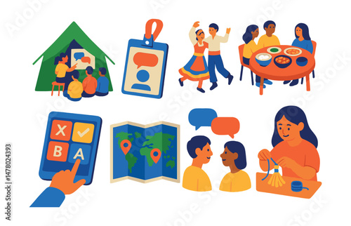 Isometric flat vector set of illustrations of immersive language camp: tent classroom, language badge, cultural dance icon, meal with locals, phrase match game, language map, buddy chat, souvenir