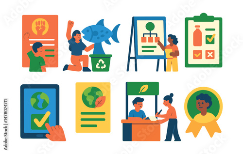 Isometric flat vector set of illustrations of teen-led sustainability campaign: action flyer, recycled art installation, event plan board, plastic audit form, digital pledge icon, eco fact poster,