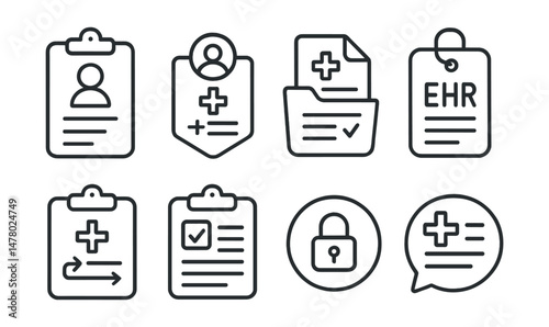 Line style icons of health records and data: patient chart icon, medical history badge, test result file, EHR system tag, referral note board, consent record chart, privacy settings symbol, treatment