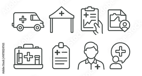 Line style icons of mobile clinics and outreach: medical van icon, pop-up tent badge, field visit chart, rural health map file, portable kit board, mobile records tag, outreach staff symbol, local