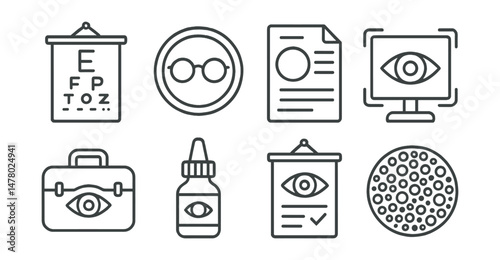 Line style icons of vision and eye care: eye chart icon, glasses badge, lens prescription file, retinal scan board, optometry case tag, eye drops bottle, vision check chart, color blind test bubble.