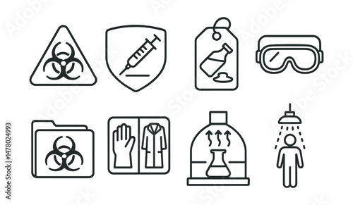 Line style icons of lab safety and biohazards: hazard sign icon, sharps disposal badge, spill cleanup tag, goggles board, biosample storage file, gloves and lab coat chart, chemical hood bubble,