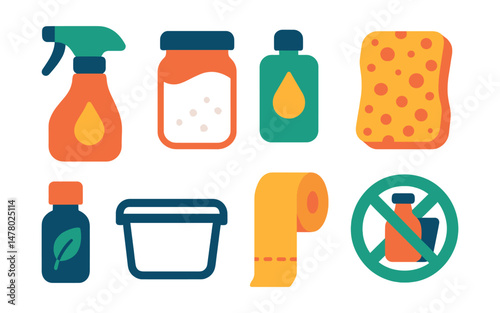 Isometric flat vector set of illustrations of zero-waste cleaning supplies: vinegar spray bottle, baking soda jar, refill pod, compostable sponge, essential oil blend, glass container icon, cloth