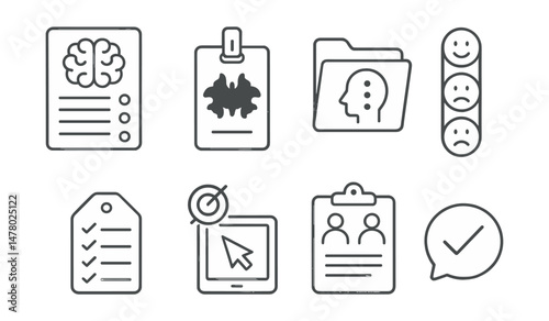 Line style icons of psychological assessment: cognitive test sheet icon, inkblot card badge, memory task file, mood scale chart, behavior checklist tag, attention span tool, interview notes board,