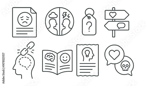 Line style icons of mental health literacy: signs of depression file, anxiety vs stress badge, when to seek help tag, support options board, stigma awareness chart, youth mental health guide,