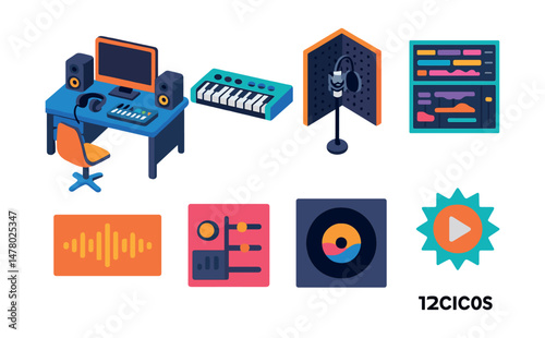 Isometric flat vector set of illustrations of indie music production: home studio desk, MIDI keyboard, vocal booth, mixing software screen, sound wave file, audio plugin icon, album cover draft,