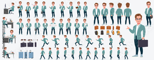 Man Character design. Front, side, back view and explainer animation poses. Character set with lip sync and facial expressions of Happy, angry, sad, Joy with Side walk cycle animation sequence sprite 